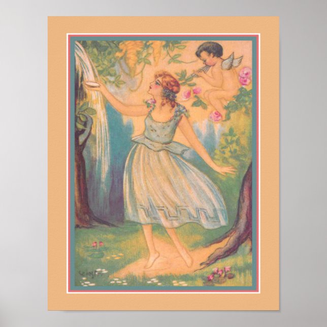 Art Deco "Girl & Cupid at Waterfall" Poster (Framsidan)