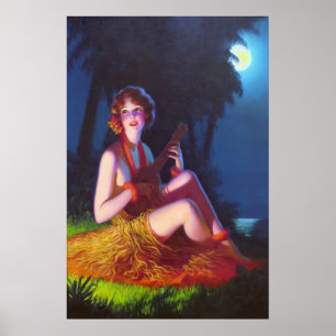 Art Deco Girl i Moonlight med Banjo Poster