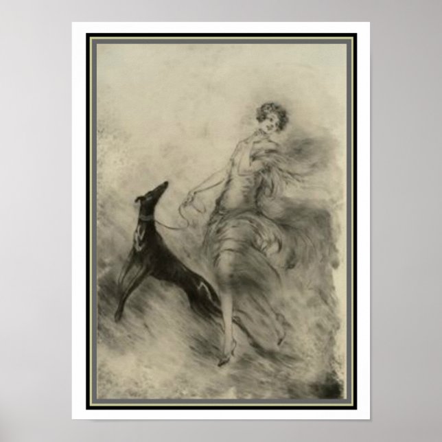 Art Deco "Girl with Hund" av Louis Icart 12 x 16 Poster (Framsidan)