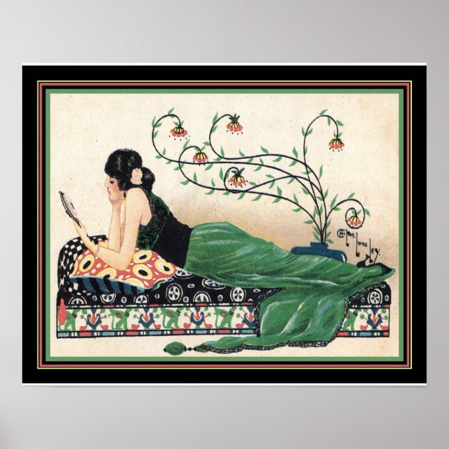 Art Deco "Girl with Spegel" Skriv ut -16 x 20 Poster (Framsidan)