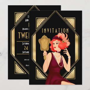 Art Deco Glam Girl 21 Birthday Guld Black Inbjudningar