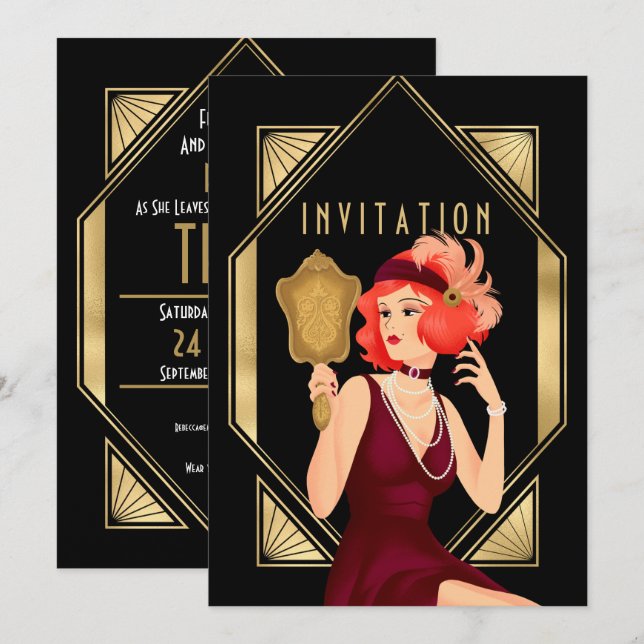 Art Deco Glam Girl 30års födelsedag Guld Black Inbjudningar (Fram/baksida)