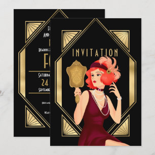 Art Deco Glam Girl 40:e födelsedagen Guld Black Inbjudningar