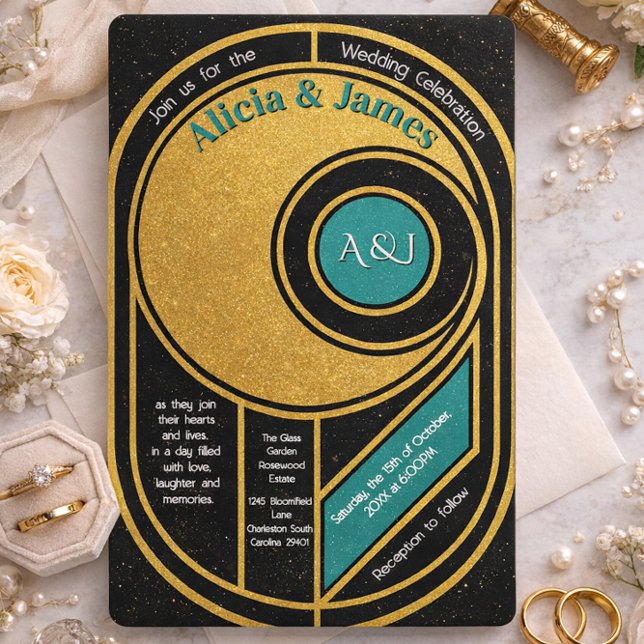 Art Deco Glam Guld & Teal Bröllop Great Gatsby  Inbjudningar (Skapare uppladdad)