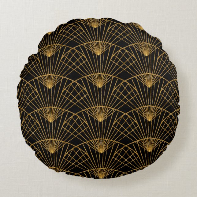 Art Deco Glamor: Golden Fläkt. Rund Kudde (Framsidan)