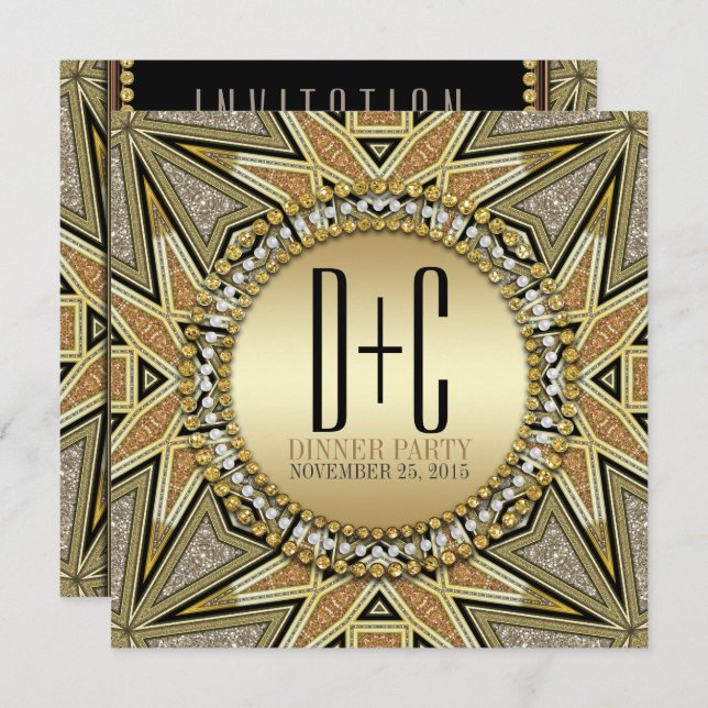Art Deco Glittrande Guld Middag Fest Inbjudan (Fram/baksida)