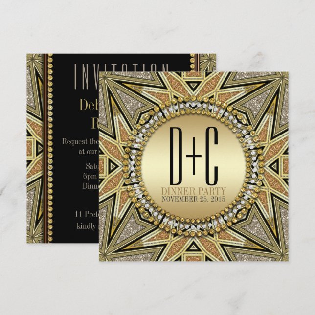 Art Deco Glittrande Guld Middag Fest Inbjudningar (Fram/baksida)