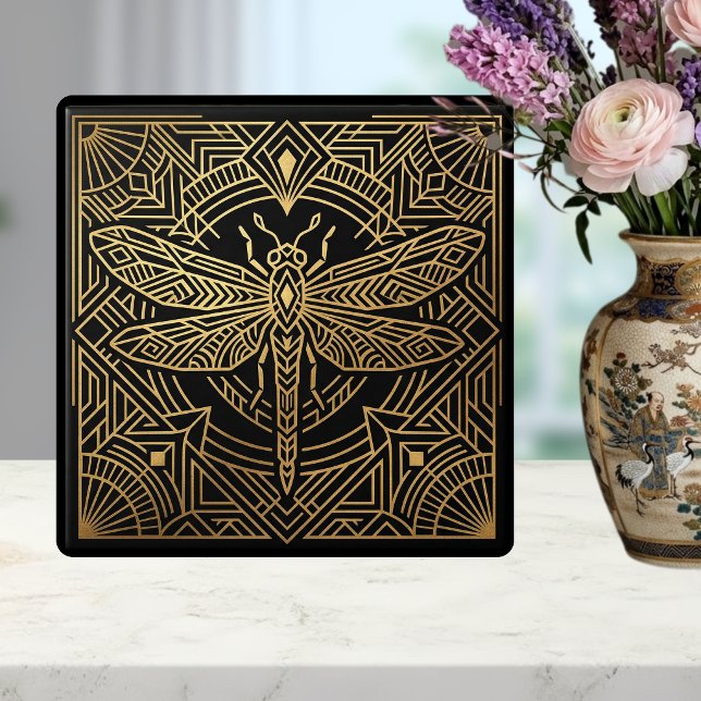 Art Deco Gold Dragonfly Black Geometric Design  Kakelplatta (Skapare uppladdad)