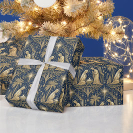 Art Deco Gold Nativity Pattern on Navy Presentpapper