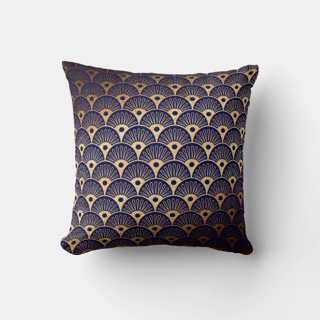 Art Deco Golden Blu Navy Seashells Pillow Kudde (Framsida)
