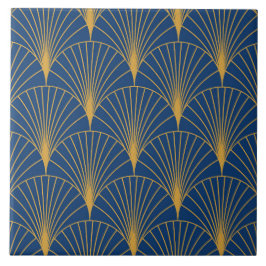 Art Deco Golden Geometric Fläkt på marinblått Kakelplatta