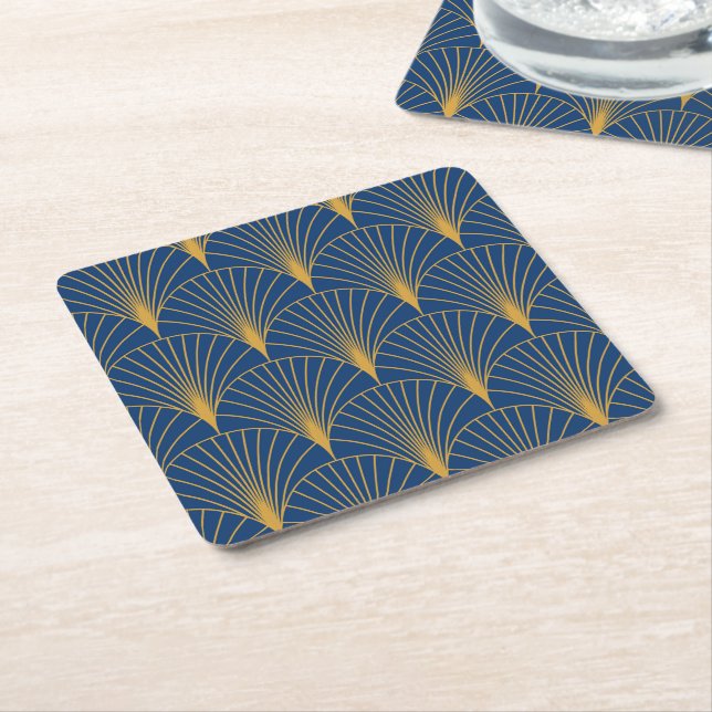 Art Deco Golden Geometric Fläkt på marinblått Underlägg Papper Kvadrat (Vinklad)
