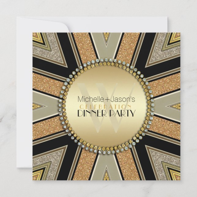 Art Deco Golden Glitter Middag Party-inbjudan Inbjudningar (Framsida)