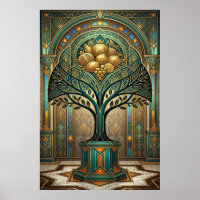 Art Deco Golden Harvest Fruktträd Guld Teal Poste