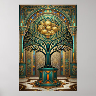 Art Deco Golden Harvest Fruktträd Guld Teal Poste Poster