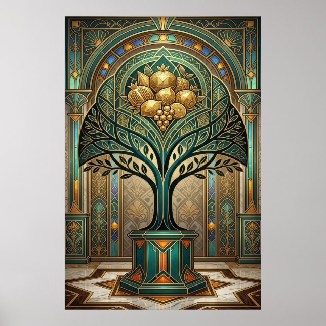 Art Deco Golden Harvest Fruktträd Guld Teal Poste Poster (Framsidan)