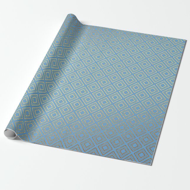 Art Deco Golden Squares Blue Geometric Vip Presentpapper (Utrullad)