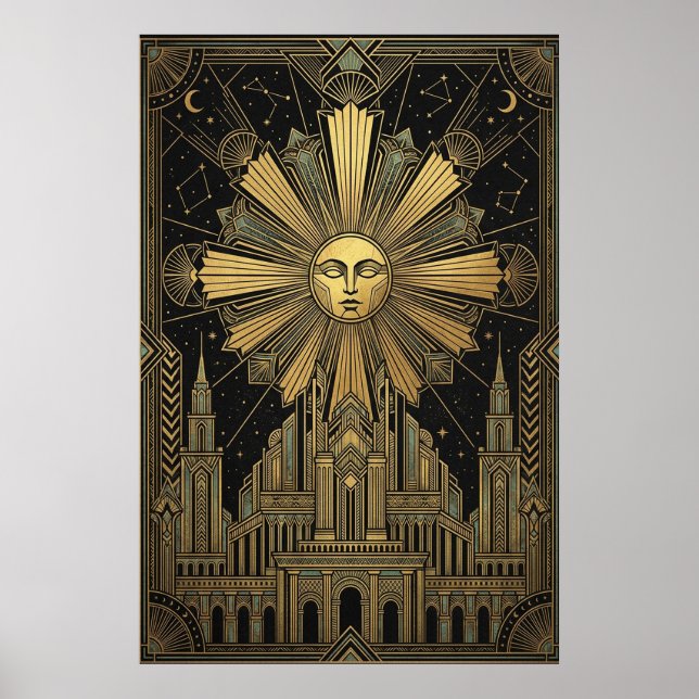 Art Deco Golden Sun Face Palace Poster | Celestial (Framsidan)