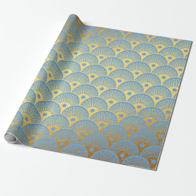 Art Deco Golden Vågar Seashells Blue Pastel Vip Presentpapper (Utrullad)