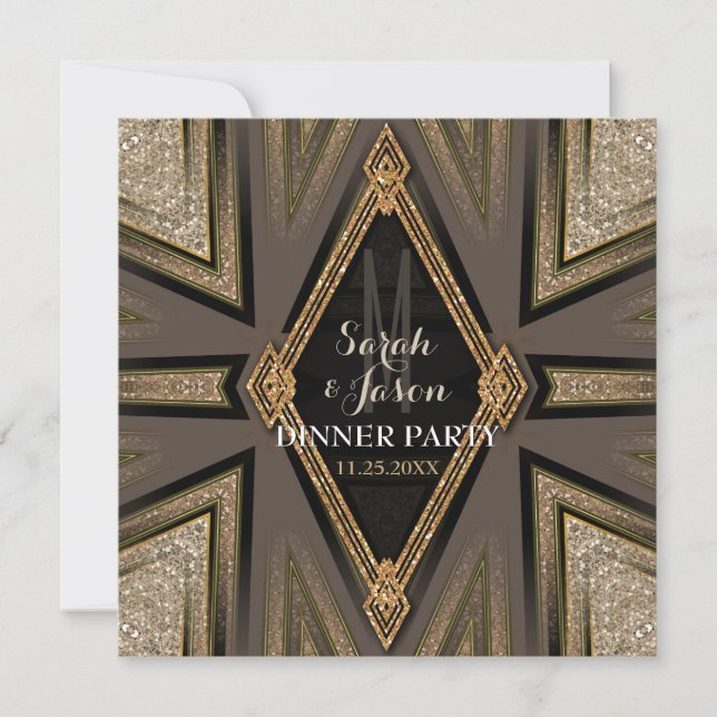Art Deco Goldy Romantik Middagskväll Inbjudan (Framsida)