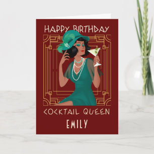 Art Deco Grattis på födelsedagen Cocktail Queen Bu Kort