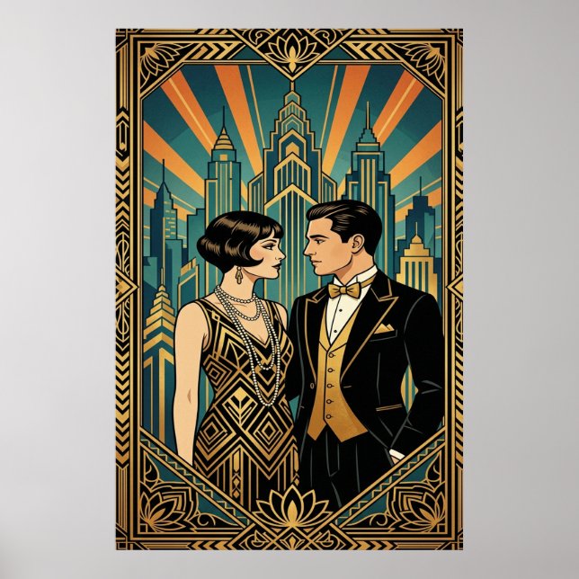 Art Deco Great Gatsby Couple City Skyline Poster (Framsidan)