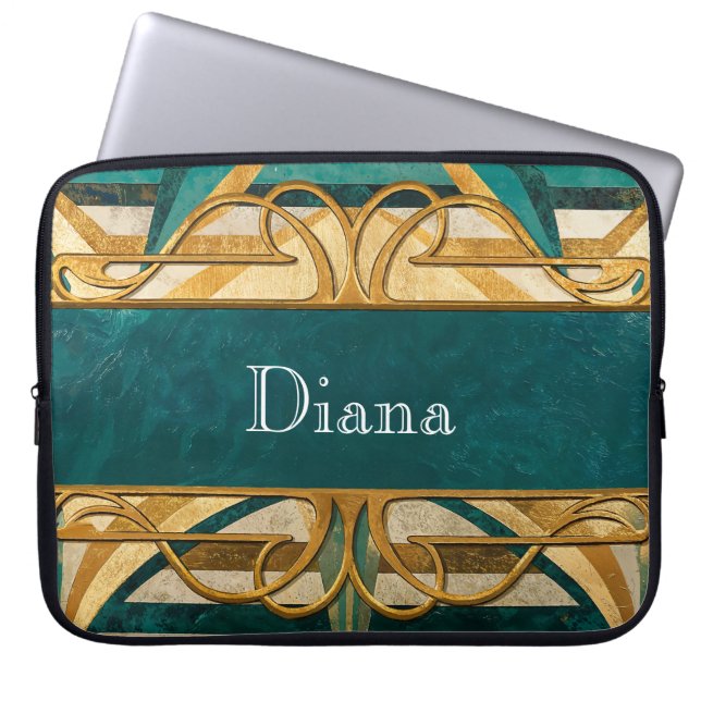 Art Deco Green and Gold Stripes Personalized Laptop Fodral (Framsidan)