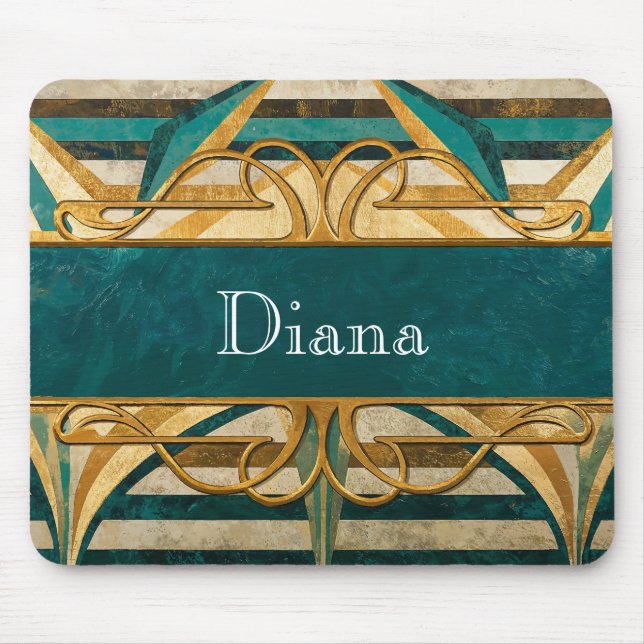 Art Deco Green and Gold Stripes Personalized Musmatta (Framsidan)