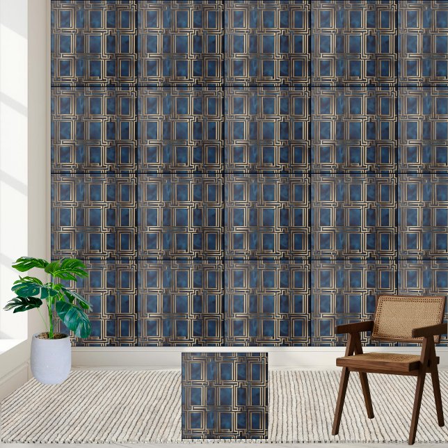 Art Deco Grekiska Mönster-plattan Nyckel i flottan Kakelplatta (Art Deco Greek Key Pattern Tile in Navy and Gold)