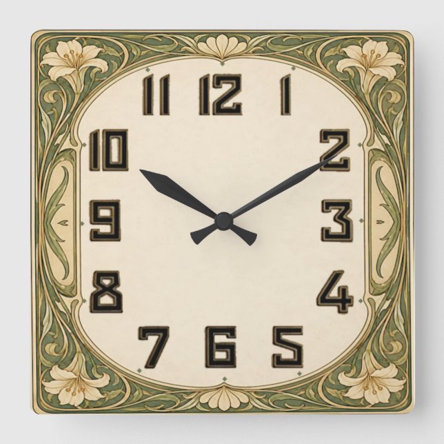 Art Deco Grön Blommig Fyrkantig Klocka (Framsida)