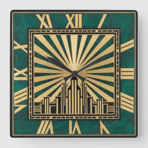 Art Deco Grön Fyrkantig Klocka