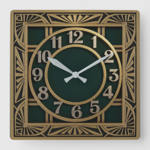 Art Deco Grön Fyrkantig Klocka