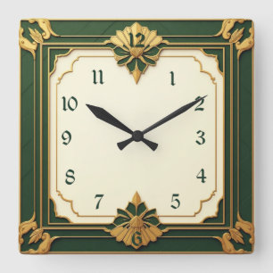 Art Deco Grön Fyrkantig Klocka