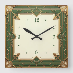 Art Deco Grön Fyrkantig Klocka