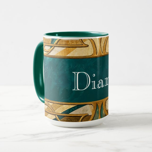 Art Deco Gröna och Guld Ränder Personlig Mugg (Framsida vänster)