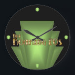 Art Deco-Grönt Stor Klocka<br><div class="desc">10, 75-tums rund svart akrylväggklocka med en bild av en glödande grönt Art Deco-stil dekorativ inslag på svart och "The Roaring 20-talet" på gleaming-guld-text. Med lowing grönt orbs markeras de 12, 3 och 9 positionerna. Se hela samlingen för 20-talsklockor i DECOR | Facksektionen.</div>