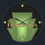 Art Deco-Grönt Stor Klocka<br><div class="desc">10, 75-tums rund svart akrylväggklocka med en bild av en glödande grönt Art Deco-stil dekorativ inslag på svart och "The Roaring 20-talet" på gleaming-guld-text. Med lowing grönt orbs markeras de 12,  3 och 9 positionerna. Se hela samlingen för 20-talsklockor i DECOR | Facksektionen.</div>