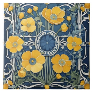 Art Deco Gula blommor Art nouveau Blue Blommigt Kakelplatta