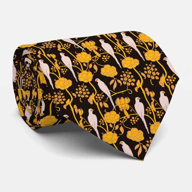 ART DECO GULA BLOMMOR,VITDELAR PÅ SVART  SLIPS (Rullad)