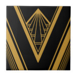 Art Deco Guld Black Elegant Geometric Crisp Kakelplatta<br><div class="desc">Krisp guld på svart konst deka stil-geometrisk detaljdetalj,  dekorativ keramisk platta. Observera att guld här är ett platt gult av senap färg och inte en egentlig folie av guld.</div>
