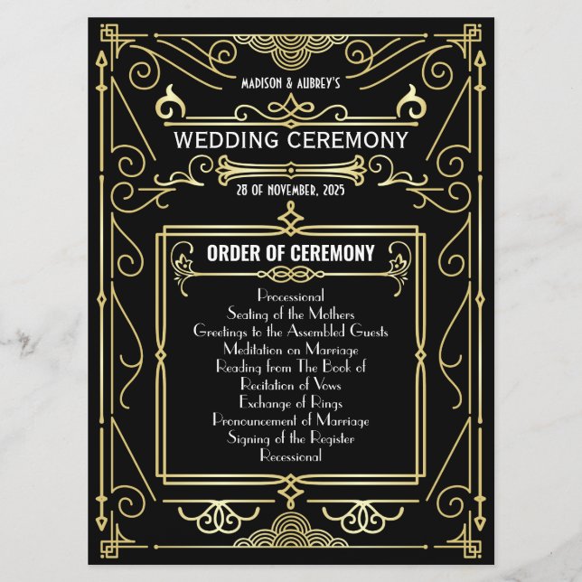 Art Deco Guld Black Entourage Order of Ceremony Program (Framsida)