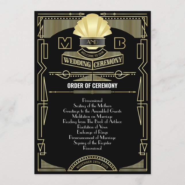 Art Deco Guld Black Entourage Order of Ceremony Program (Framsida)