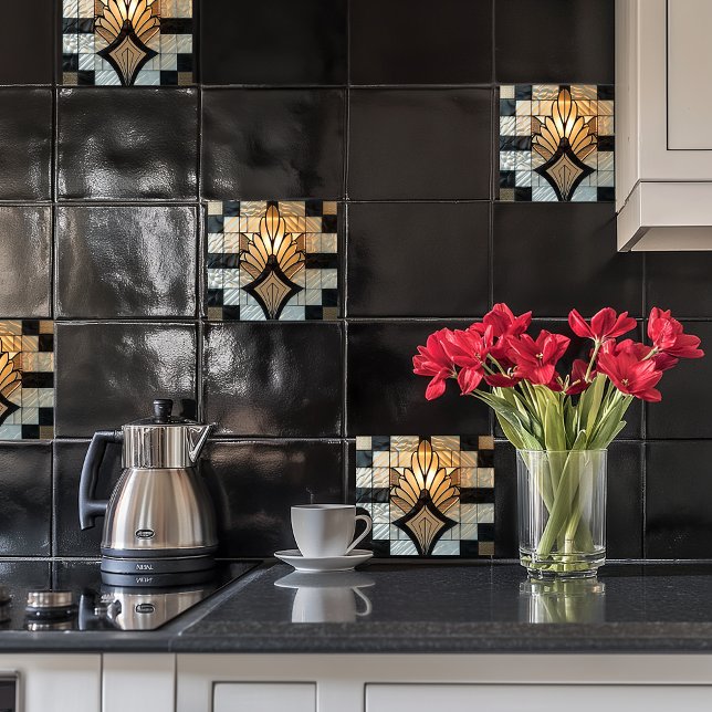 Art Deco Guld Black White Fläkt Blommigt Kakelplatta (Skapare uppladdad)