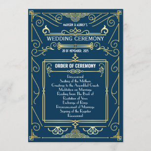 Art Deco Guld Blue Entourage Order of Ceremony Program