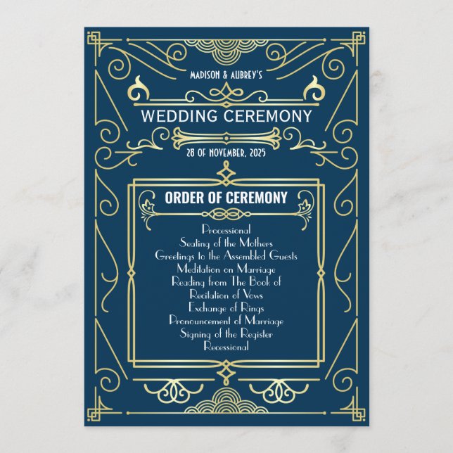 Art Deco Guld Blue Entourage Order of Ceremony Program (Framsida)