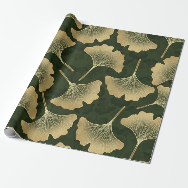 Art Deco Guld Botaniskt Mönster Presentpapper (Utrullad)