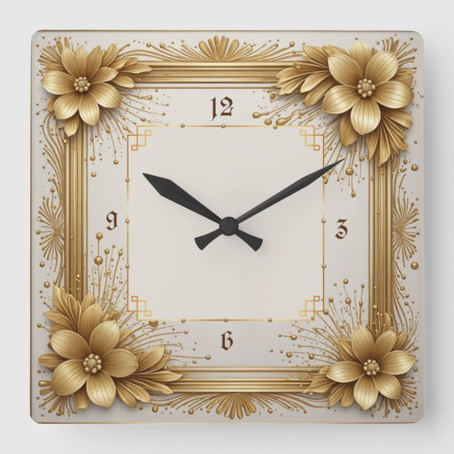 Art Deco Guld Flower Fyrkantig Klocka (Framsida)