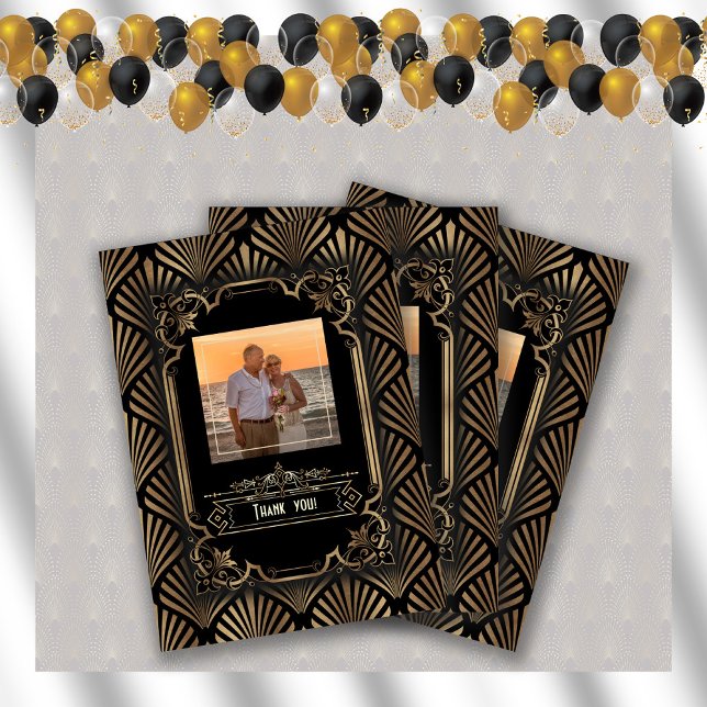 Art Deco Guld Gatsby 20 s Photo Bröllop Firande Tack Kort (wedding celebration, thank you card, Art Deco, photo wedding anniversary thank you)