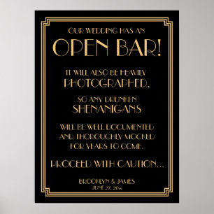 Art Deco Guld Gatsby Black Open Pub Sign 18x24 Poster