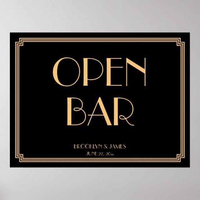 Art Deco Guld Gatsby Bröllop Open Pub Sign 24x18 Poster (Framsidan)